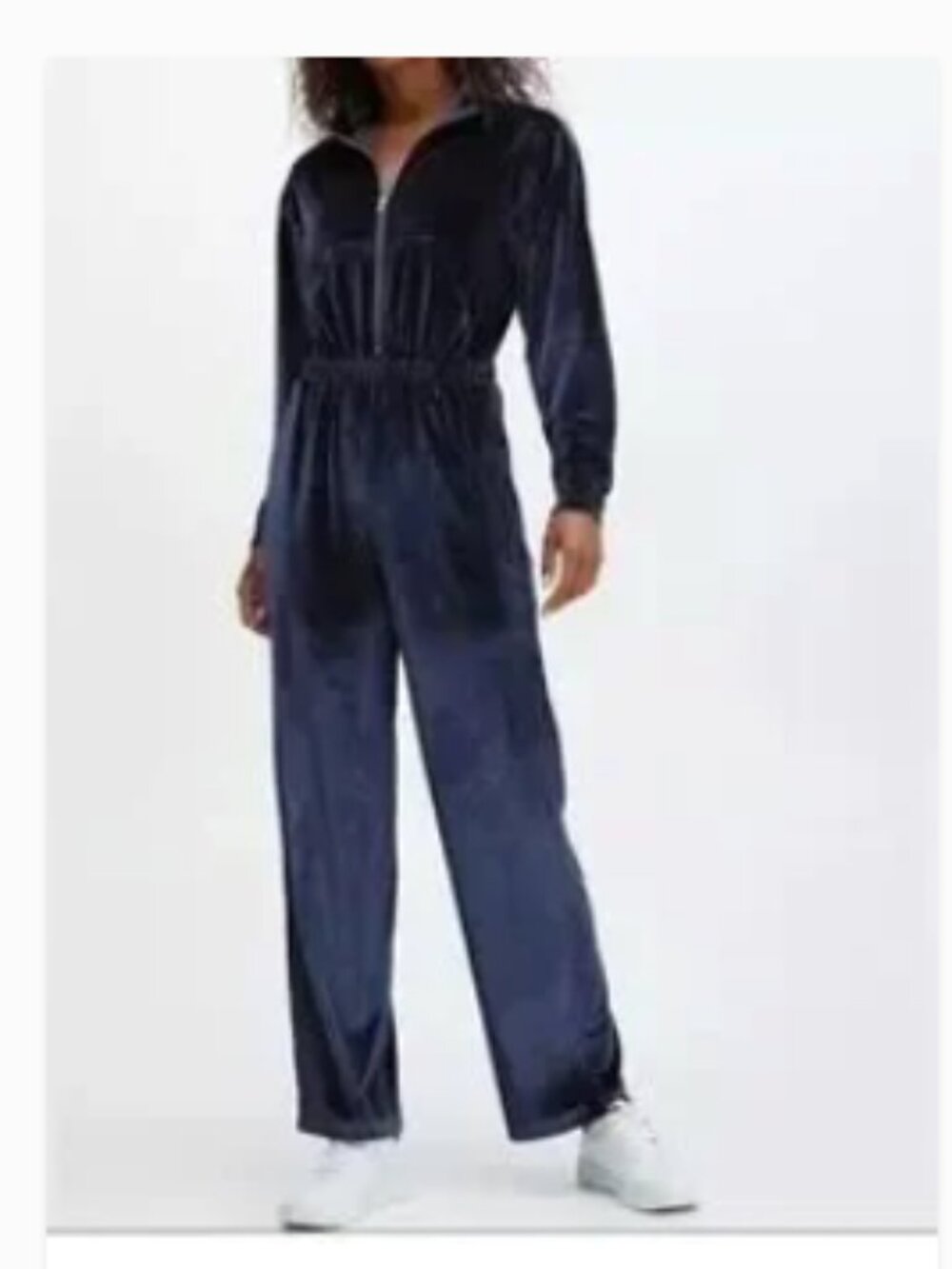 Fabletics Velour Zip-Up Wide Leg Jumpsuit Onesie Deep Navy Blue Size Medium